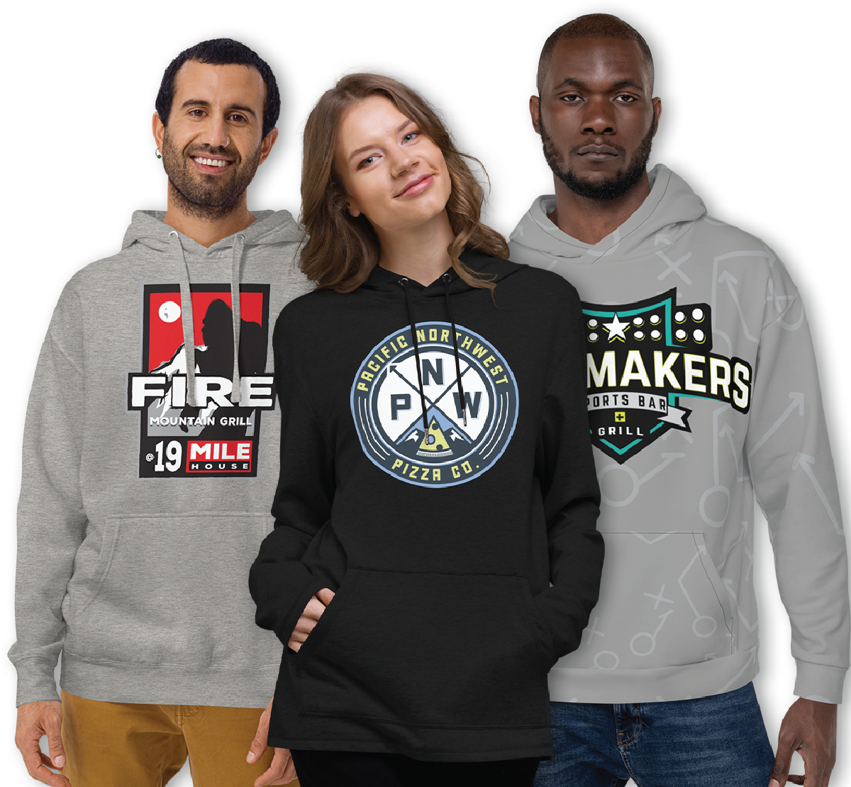 Three models wearing Fire Mountain Grill, PNW Pizza, and Playmakers hoodies