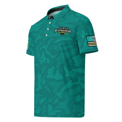 Playmakers Teal Camo Men’s slim fit polo — Front / left