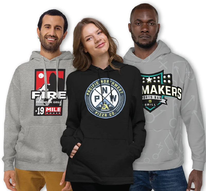 Fire Mountain, PNW Pizza and Playmakers hoodie designs